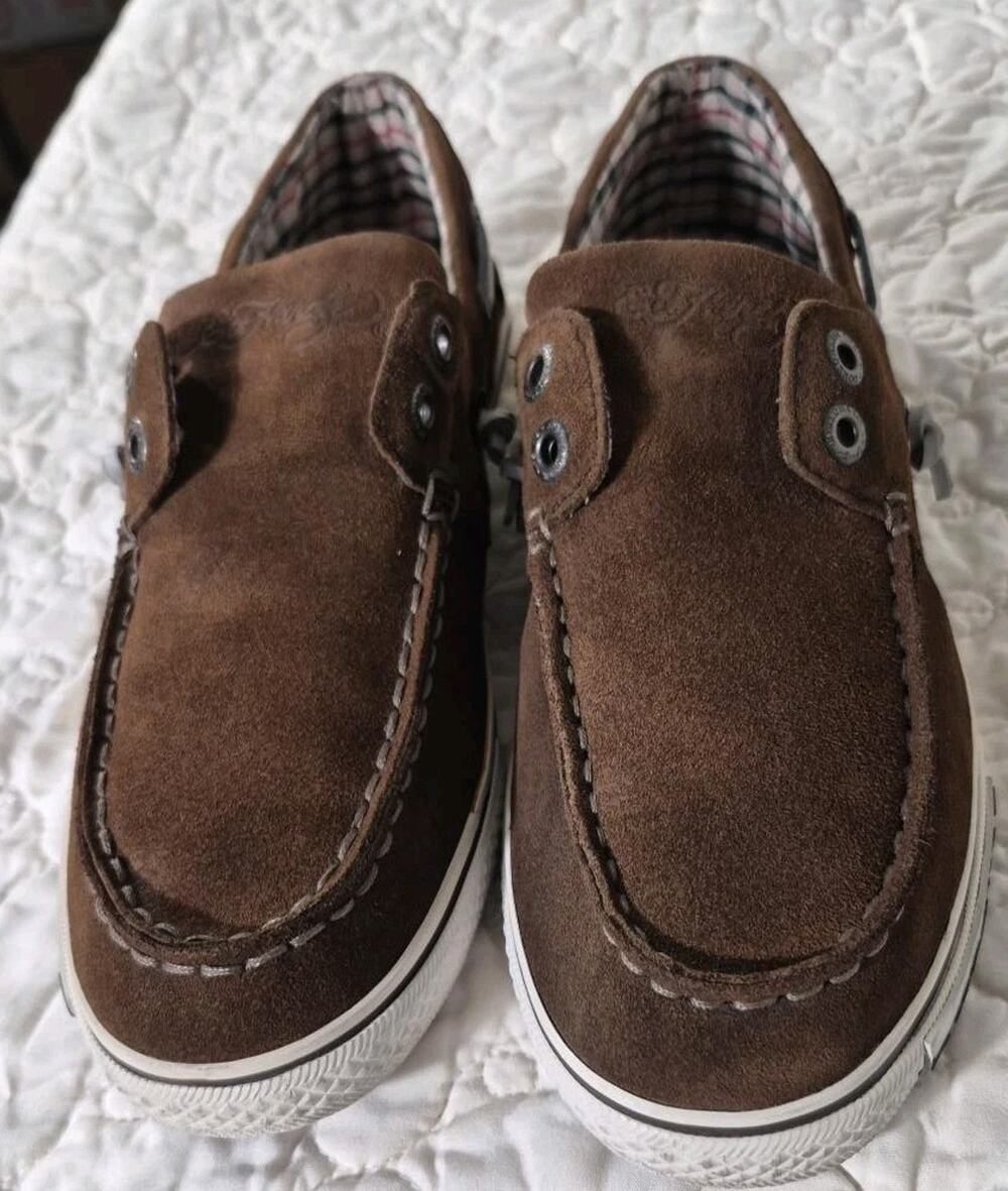 Ed Hardy Womens 7 Brown Leather Suede Boat Shoes Loafers Y2K Tattoo Plaid
